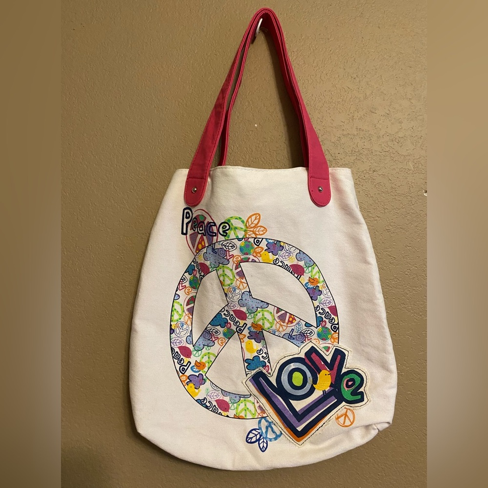 Claire’s Peace and Love Canvas Tote Bag with Pink Handles 15” x 13.5”